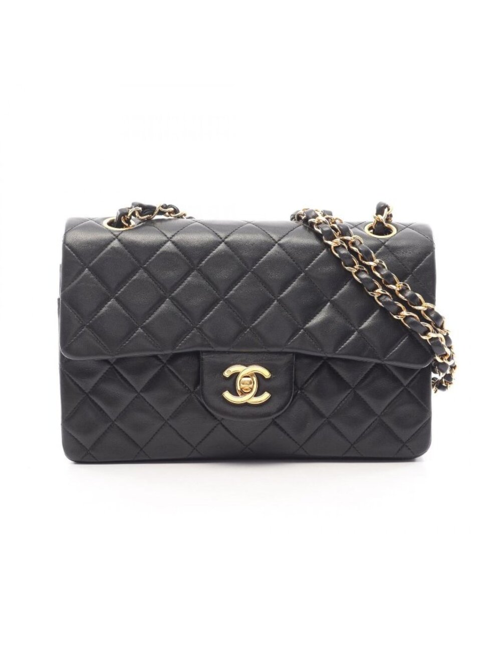 Chanel Shoulder Bag Quilted Double Flap Black Lambskin Chain